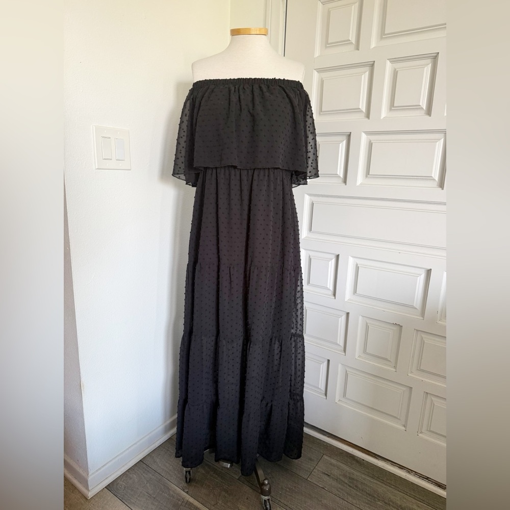Kirundo Black Off-Shoulder Maxi Dress Swiss Dot Size XL